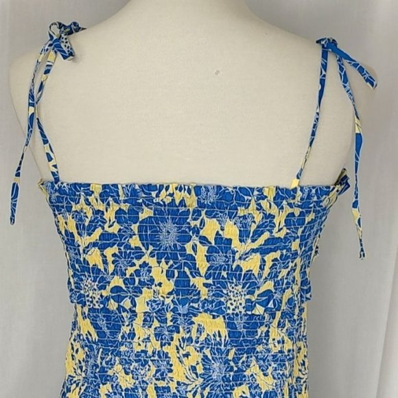 J.Crew Collection Dress Tie Shoulder Smocked Floral Cotton Poplin Blue Yellow Su - Picture 8 of 13